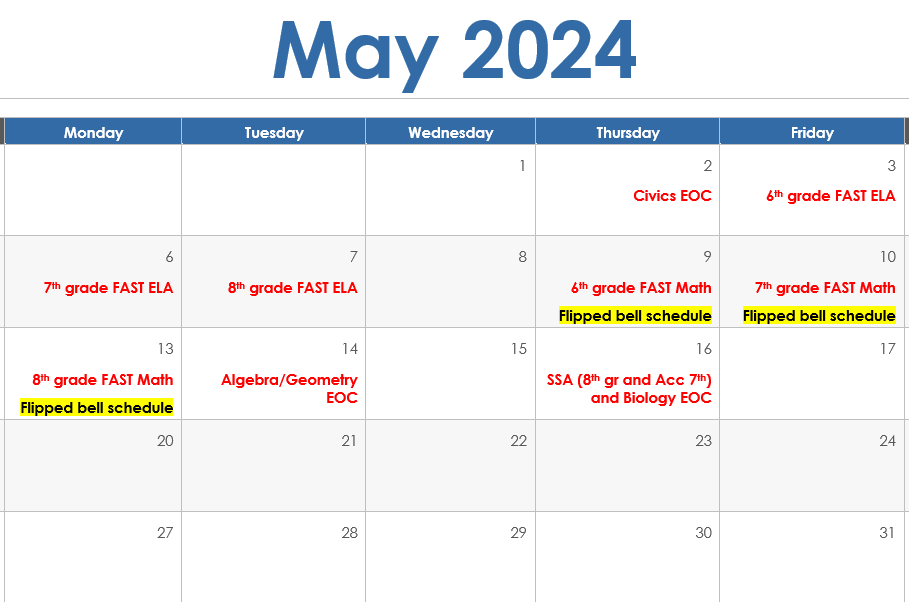 Spring Testing Calendar – Switzerland Point Middle School